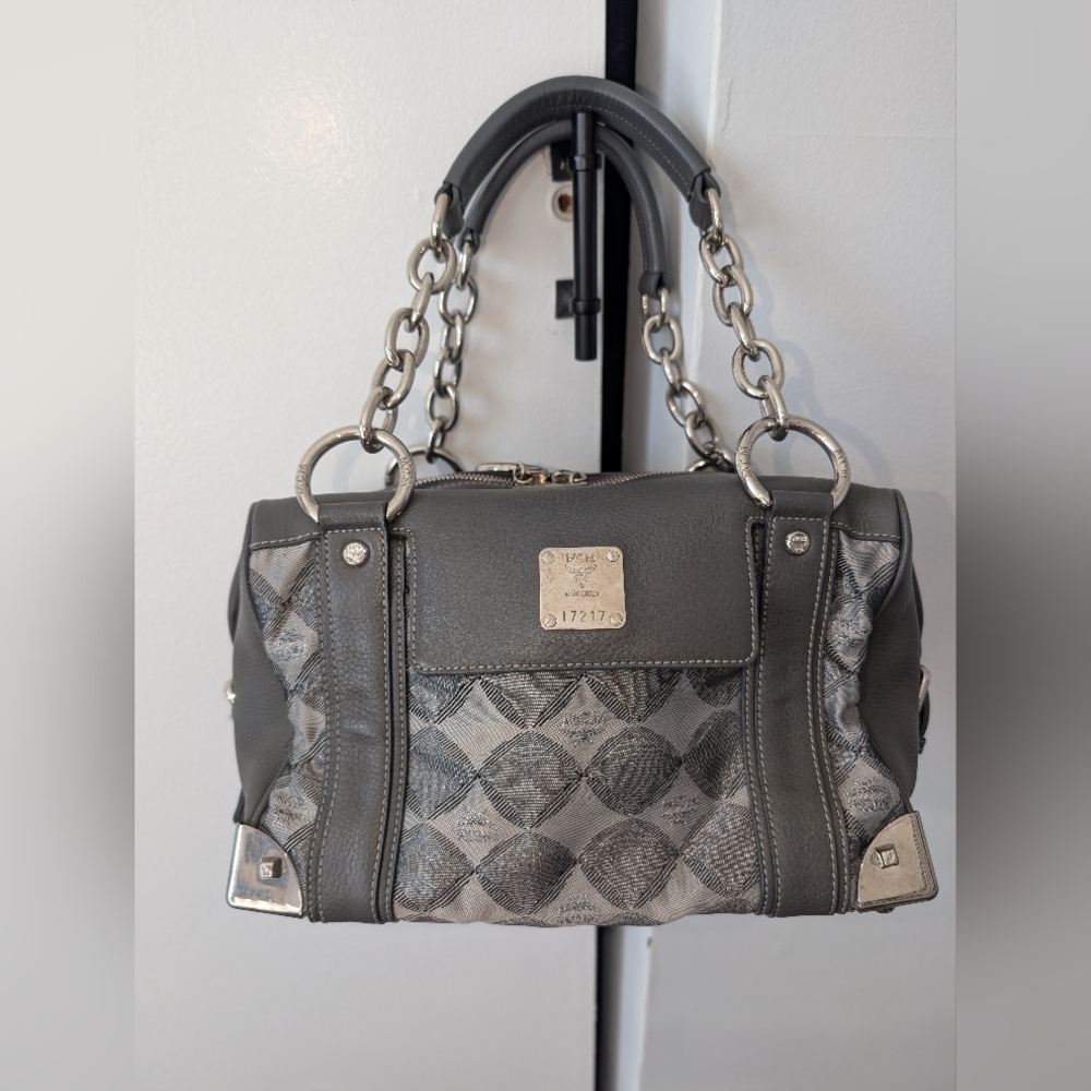 MCM Gray and Silver Harlequin Satchel with Dust Bag